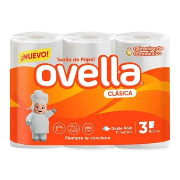 TOALLA DE PAPEL DOBLE HOJA OVELLA 8X3 ROLLOS 11MTS
