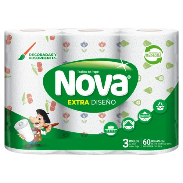 TOALLA DE PAPAEL NOVA DISENO VERDE 12MTS 3X8 ROLLOS