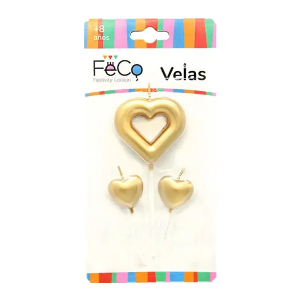 VELA FECO CORAZON DORADO X1 SET