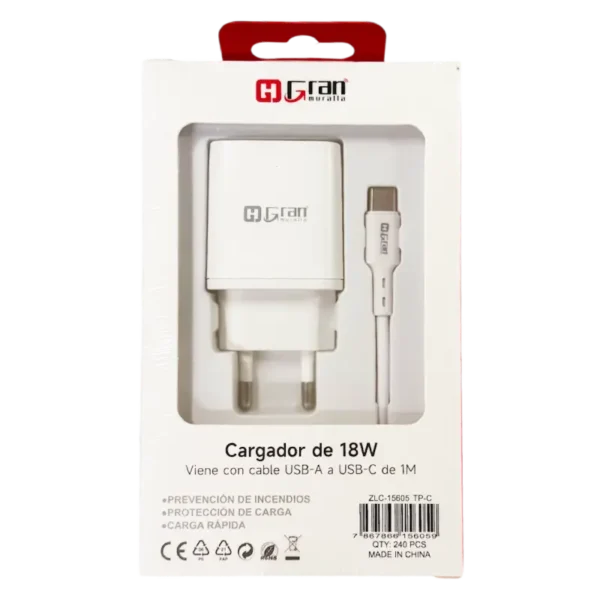 CARGADOR CON CABLE USB-A A USB-C DE 1M 18W 15605